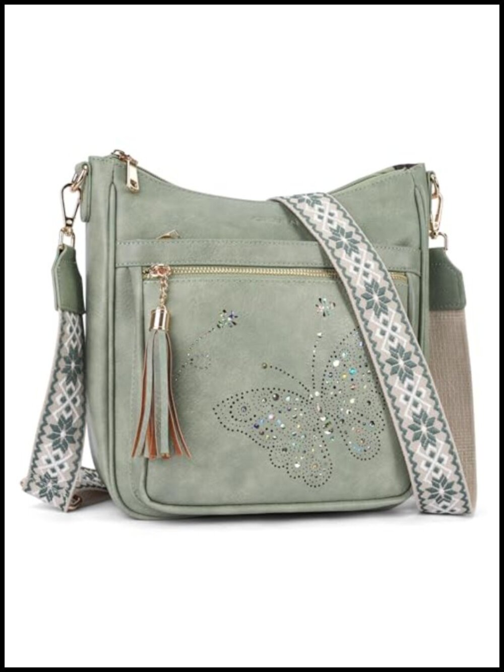 Vegan PU Leather Crossbody Bag Butterfly Tassel Shoulder Purse Wide Strap